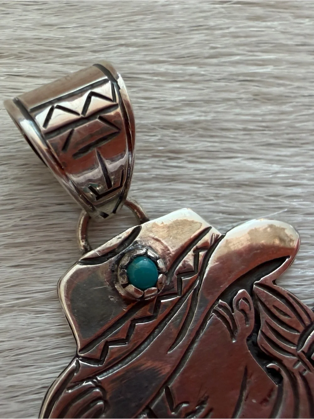 ❤️ Hand Stamped Sterling 925 Cowgirl Pendant w Turquoise Accent Decorative Bail
